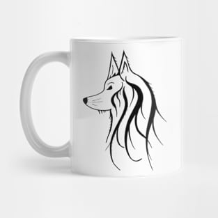 Black and white side profile of a wolf Mug